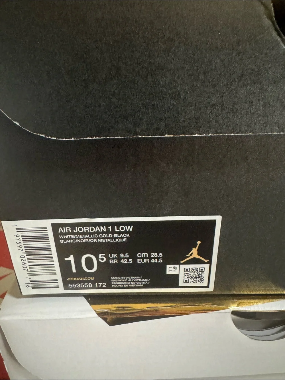 Jordan 1 Low-Top Sneakers  — White, Black & Gold metallic size 10.5